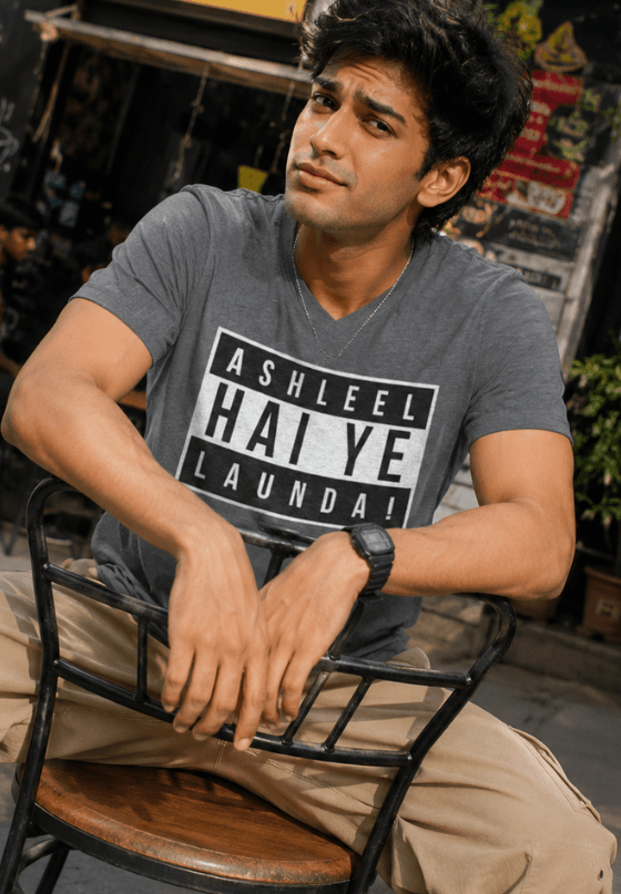 Ashleel Hai Yeh Launda Hindi typography T-shirt artwork with bold monochrome graphic, custom T-shirt design by Drop Drip for brands