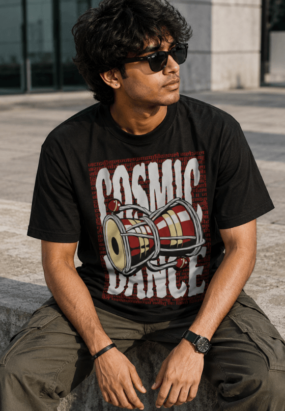 Cosmic Dance Damru T-shirt artwork inspired by Lord Shiva and Shiv Tandav Stotram, custom T-shirt design by Drop Drip for brands