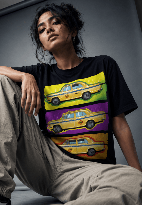 Kolkata yellow taxi retro T-shirt artwork featuring classic Ambassador cars, custom T-shirt design by Drop Drip for brands