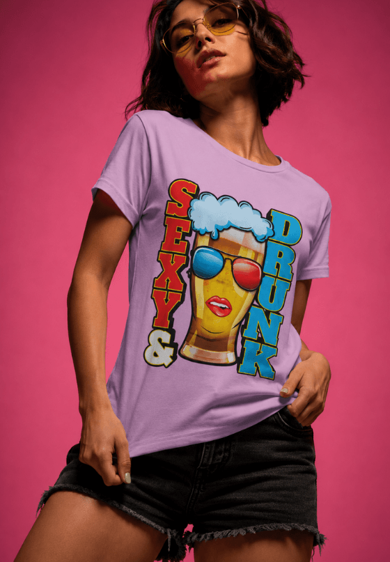 Sexy and Drunk beer mug graphic T-shirt artwork, custom T-shirt design by Drop Drip for brands