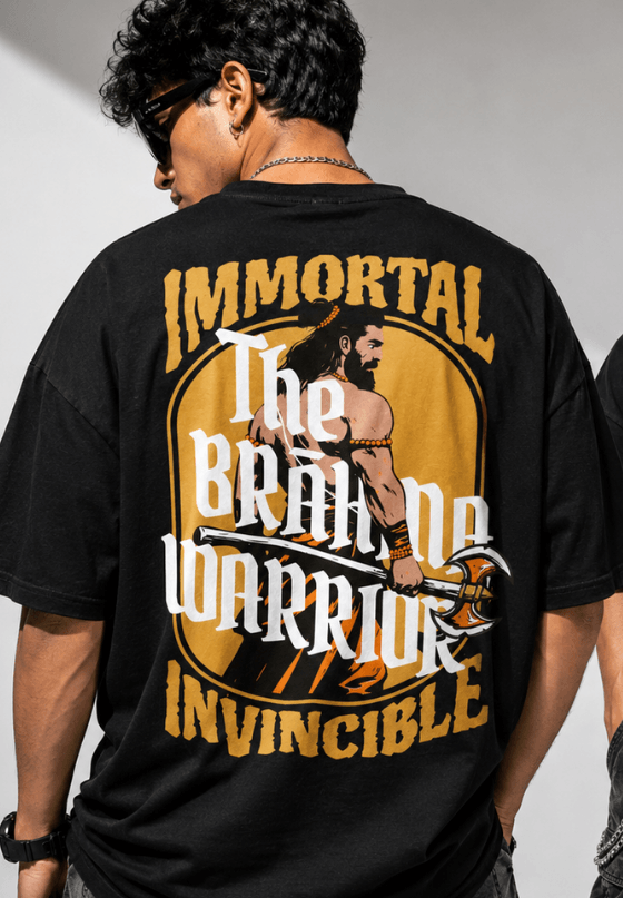 The Brahma Warrior Immortal Parashuram T-shirt artwork featuring Lord Parashuram with his legendary axe, custom T-shirt design by Drop Drip for brands