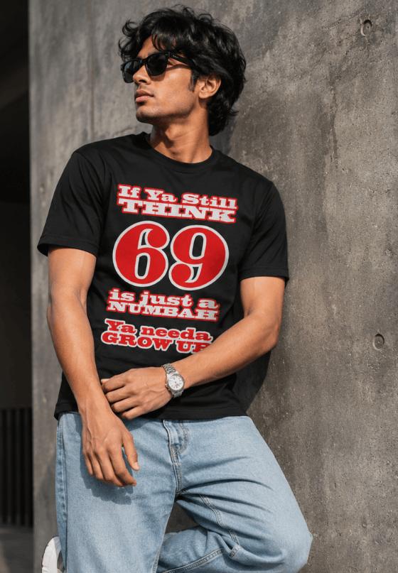69 18+ funny T-shirt artwork with bold retro typography and cheeky adult humor, custom T-shirt design by Drop Drip for brands