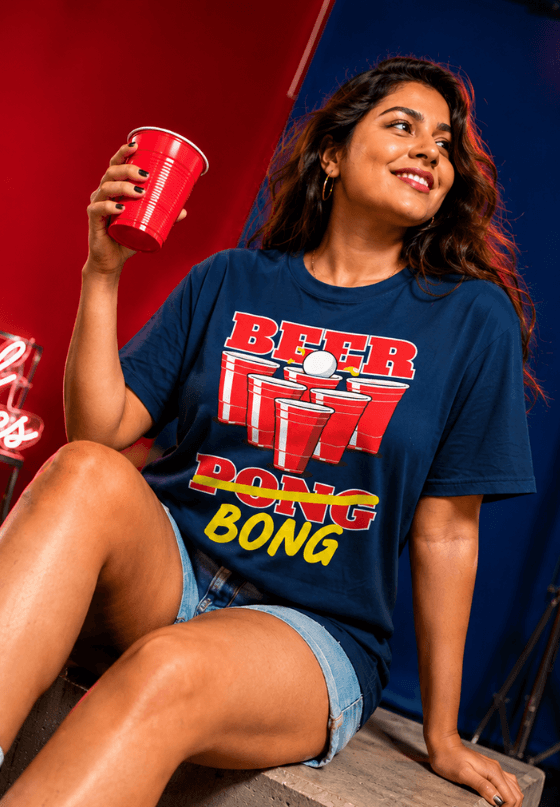 Beer Bong and Beer Pong funny T-shirt artwork featuring red party cups and beer pong graphics, custom T-shirt design by Drop Drip for brands