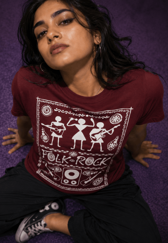 Folk Rock music T-shirt artwork featuring musicians and instruments in a vintage graphic style, custom T-shirt design by Drop Drip for brands
