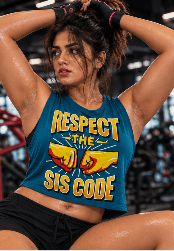 Respect the Sis Code gym vest artwork with fist graphic and bold fitness typography, custom T-shirt design by Drop Drip for brands