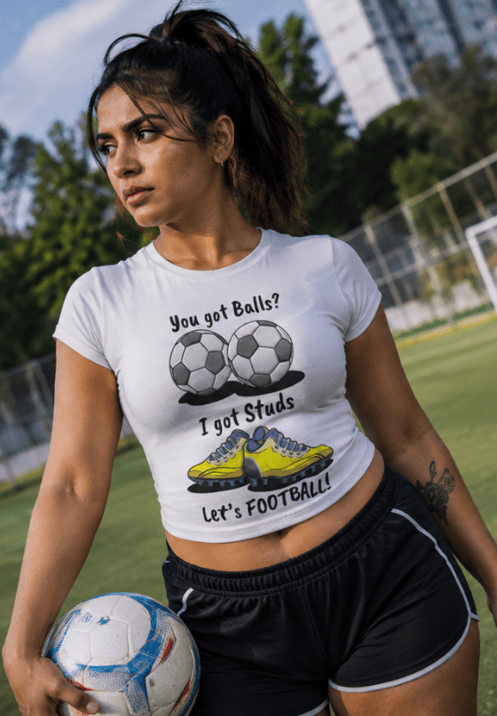Sarcastic football T-shirt artwork featuring soccer balls and studs with a humorous graphic, custom T-shirt design by Drop Drip for brands